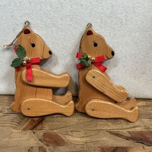 Vintage 2 Teddy Bear Wood Christmas Ornament Moving Arms Legs